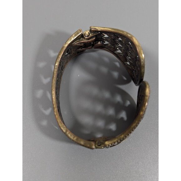 Bronze tone Art Deco Rhinestone Fan Wide Hinge Cuff Bracelet Statement 6" - Picture 5 of 8